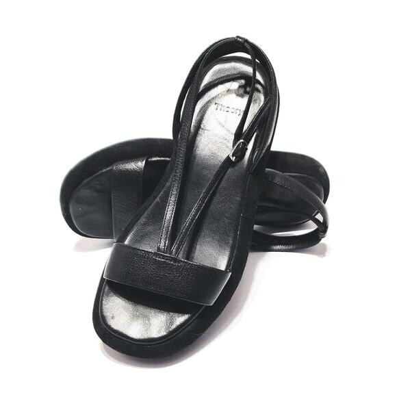 Theory Strappy Sandals Black Leather Size 7 Slingback Platform Comfort Shoes - Picture 1 of 9